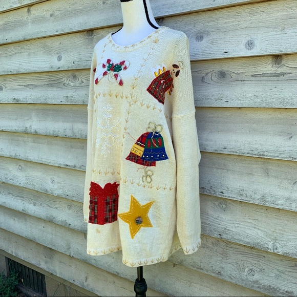 Vintage 90s White Patchwork Appliqué Long Sleeve Crewneck Ugly Christmas Sweater - Picture 3 of 16
